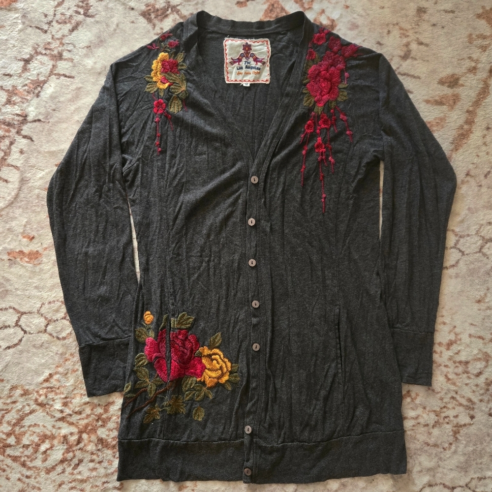 Johnny Was Charcoal Cardigan with Red and Yellow Floral Embroidery
